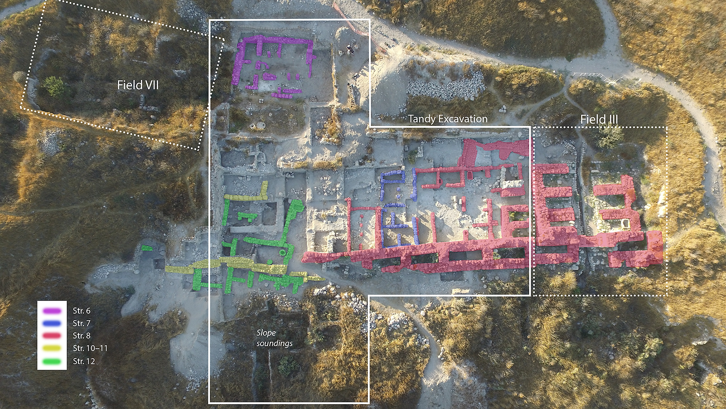 Aerial view of the Tandy excavations, with a wide exposure of iron age strata on the central-southern edge of the Gezer mound between fields VII and III of Hebrew Union College.