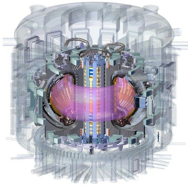 The complete ITER device, where a donut-shaped chamber will hold plasma that is superheated until nuclear fusion occurs between hydrogen ions.