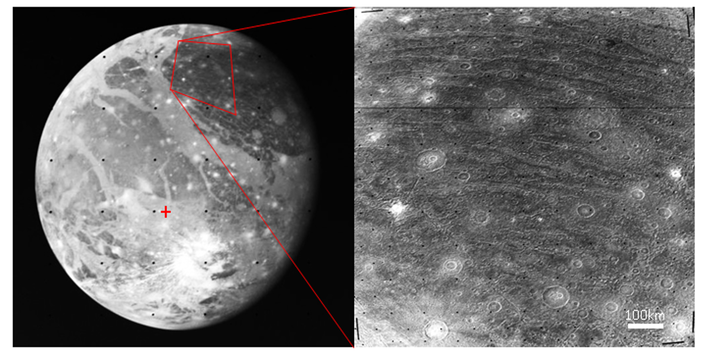 On large parts of its surface, the Jupiter moon Ganymede is covered by furrows (right) that form concentric circles around one specific spot (left, red cross), which led researchers in the 1980s to conclude that they are the results of a major impact event. 
