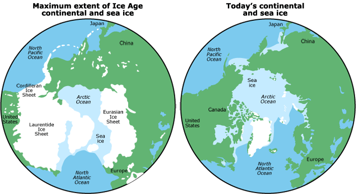 During this time, the earth’s climate repeatedly changed between very cold periods, during which glaciers covered large parts of the world, and very warm periods during which many of the glaciers melted.