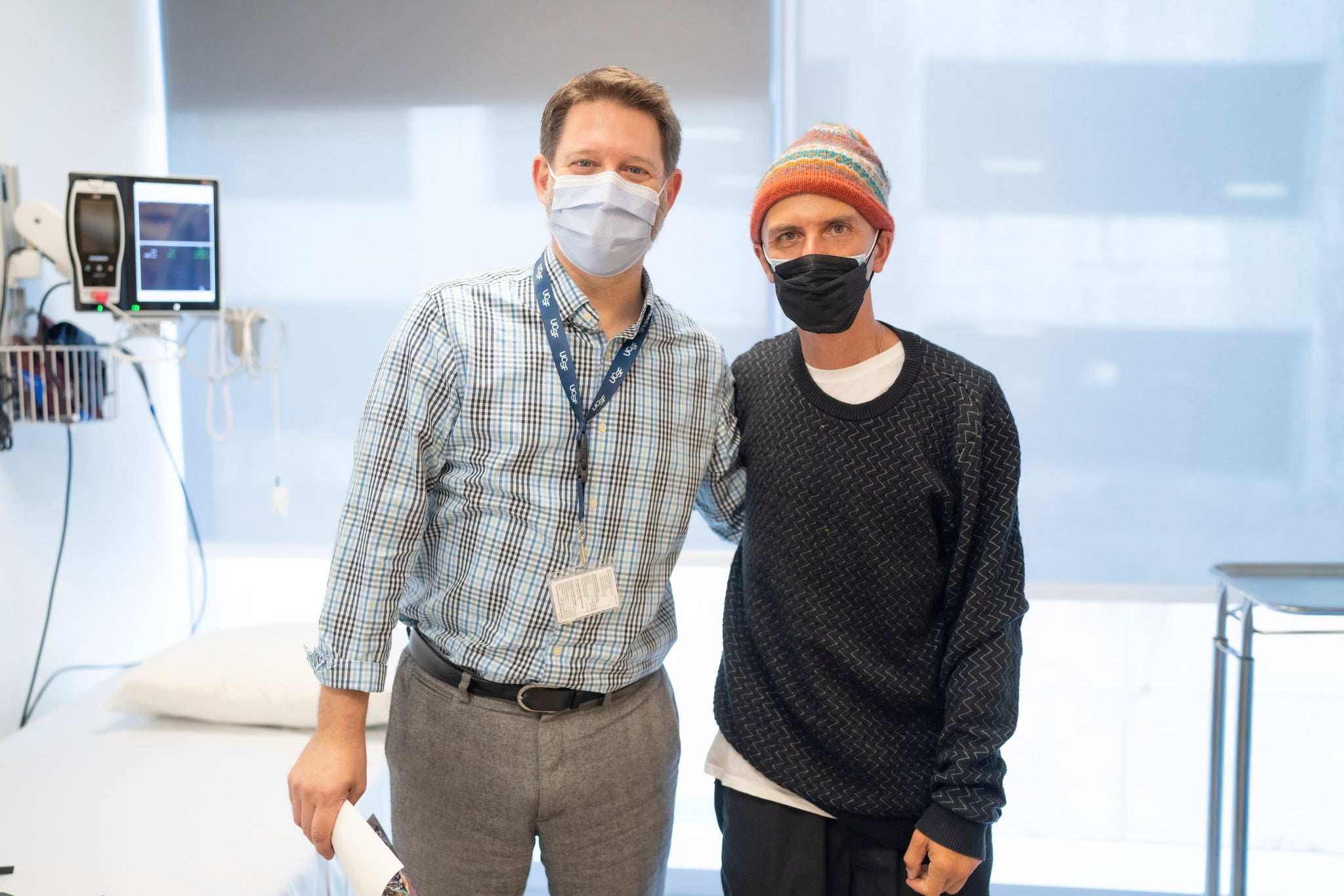 Shawn Connolly (right) with Dr. Nicholas B. Galifianakis MD (left). Connolly is an artist and non-profit founder for skateboarders and community youth, and is also undergoing Direct-Brain-Stimulation treatment for Parkinson’s disease.