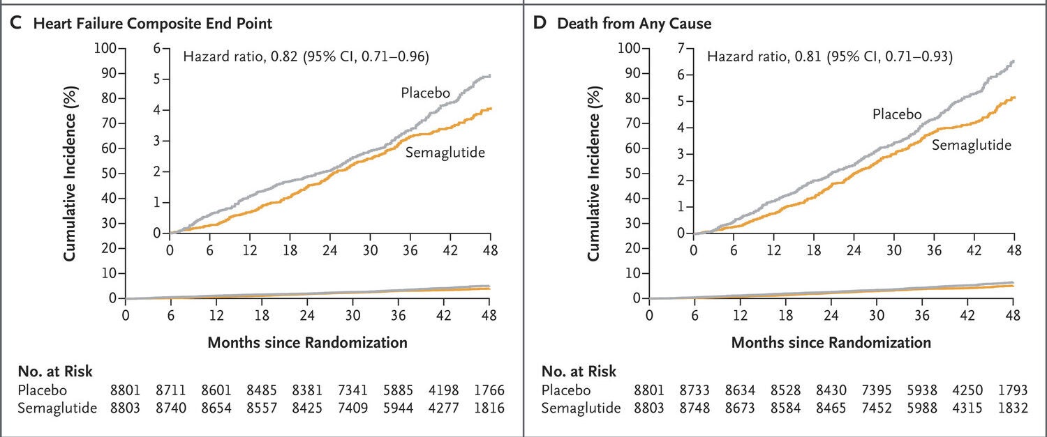 Panel C shows the cumulative incidence of the second confirmatory secondary end point (heart failure composite end point: death from cardiovascular causes or hospitalization or an urgent medical visit for heart failure). Panel D shows the cumulative incidence of the third confirmatory secondary end point (death from any cause).