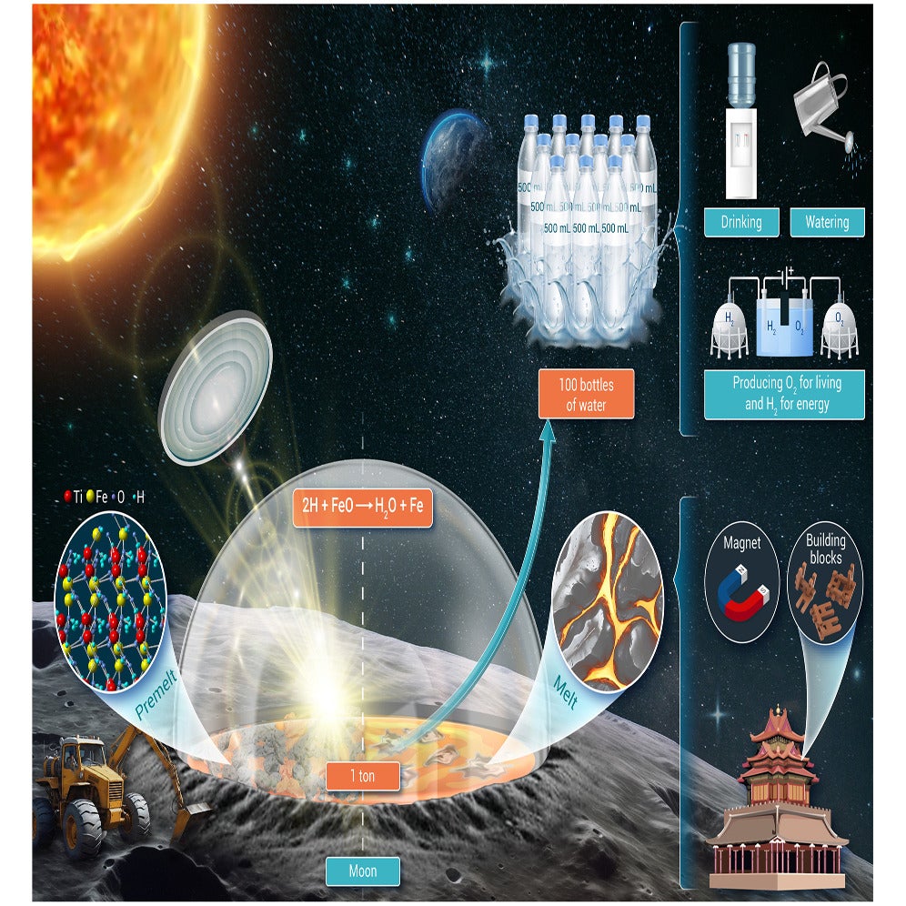 Researchers propose a potential method for obtaining water on the Moon through H2O formation via endogenous reactions in lunar regolith (LR), specifically through the reaction FeO/Fe2O3 + H → Fe + H2O.