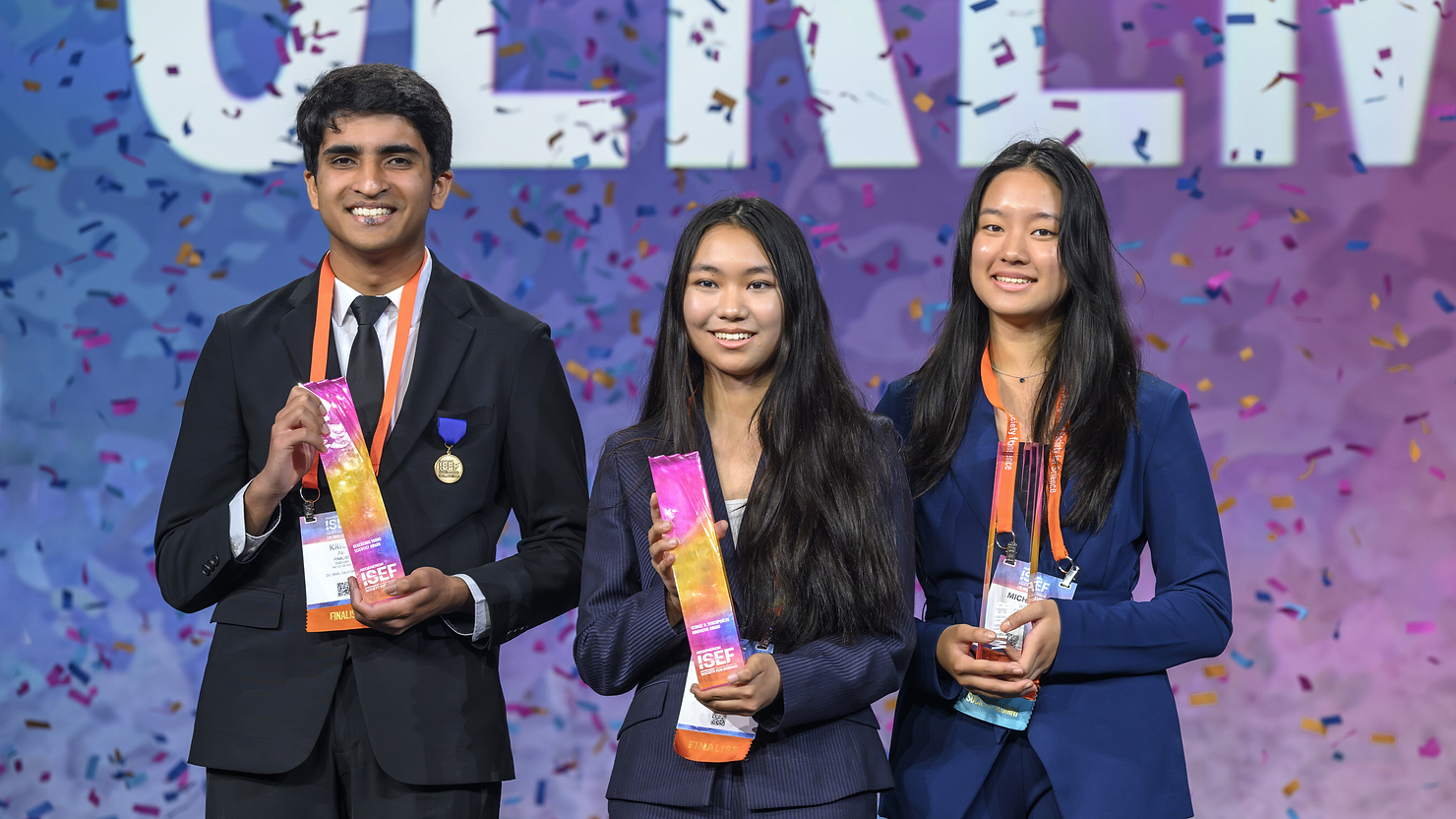 Krish Pai, Grace Sun and Michelle Wei - the top winners at the 2024 Regeneron International Science and Engineering Fair in Los Angeles, California.
