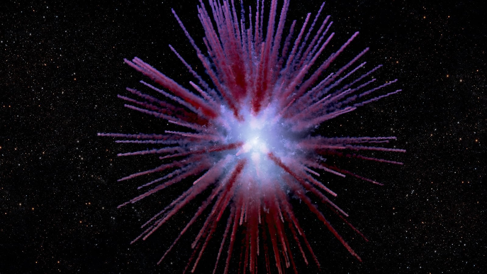 Unusual filaments of sulfur protrude beyond a dusty shell of ejected material. The remains of the original star that exploded, now a hot inflated star which may cool to become a white dwarf, are seen at the center of the remnant.