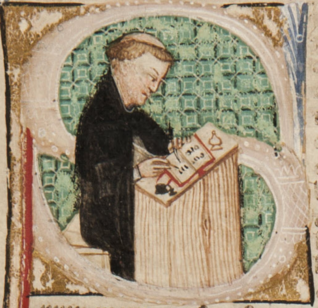 Miniature from a 14th-century Italian manuscript identified as Triv.1438 by the Archivio Storico Civico e Biblioteca Trivulziana, entitled Cronica de antiquitatibus civitatis mediolanensis, depicting Italian chronicler and friar Galvaneus Flamma.