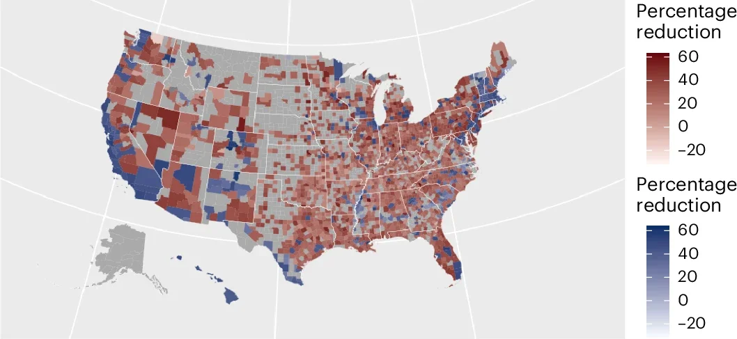 Reduction in general movement as a function of county location and leaning pro-Trump versus pro-Clinton in the USA.