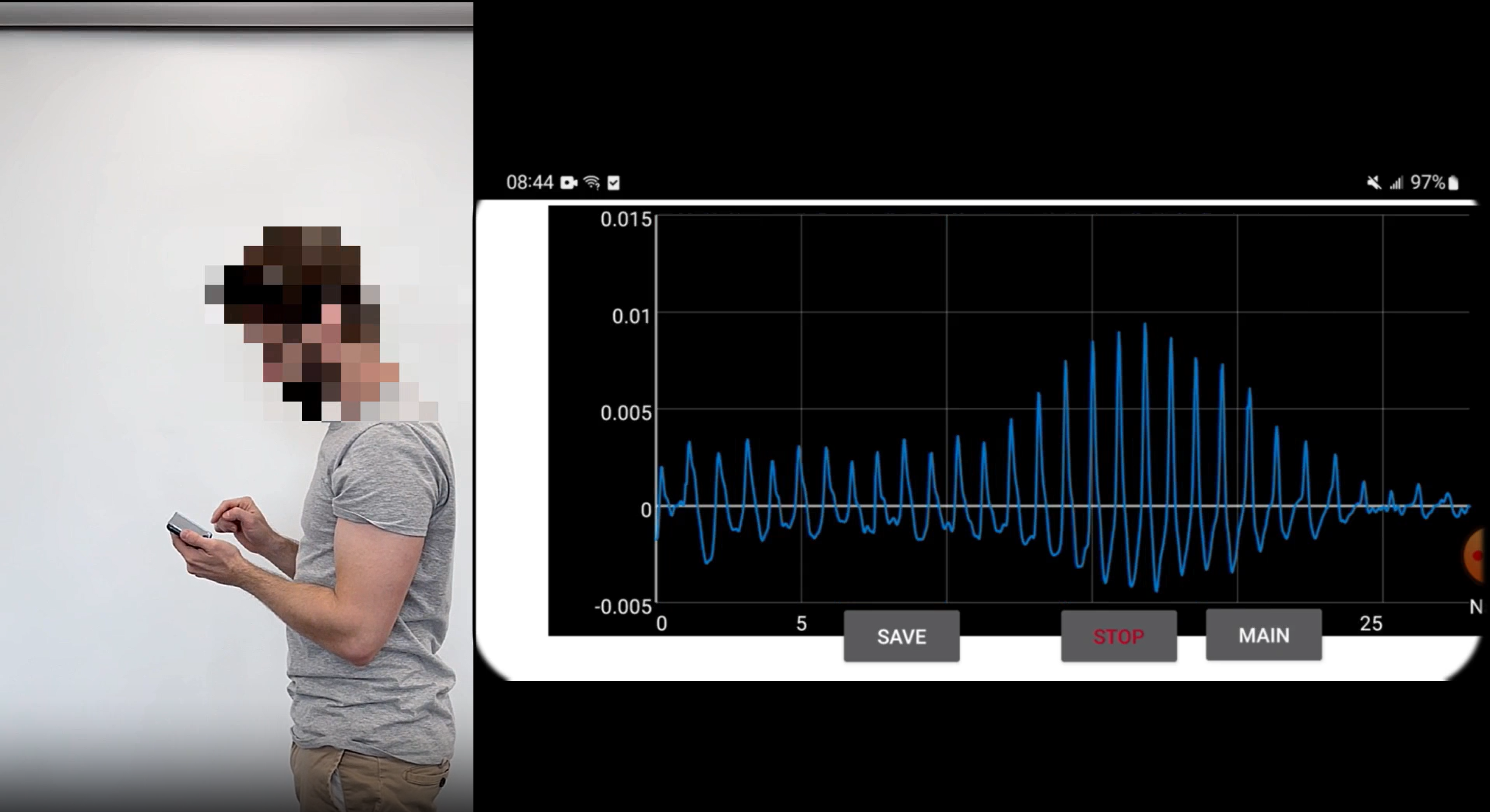 Smartphone android application (‘app’) to measure PP. The measured blood volume oscillations versus time are displayed. 