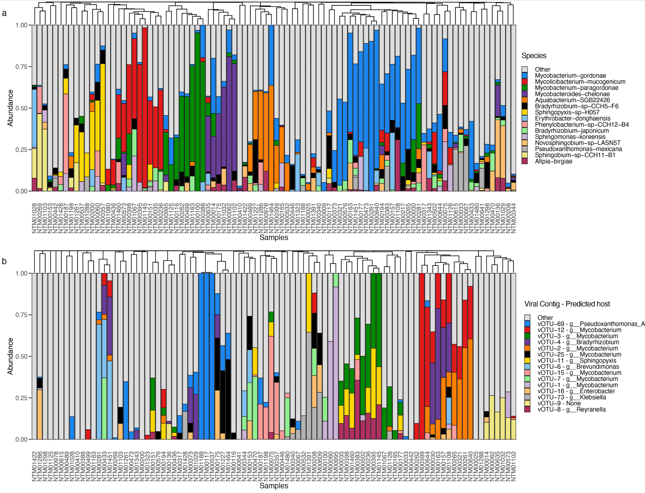 Bacterial (A, C) and viral (B, D) community relative abundances in showerhead (A, B) and toothbrush (C, D) samples.