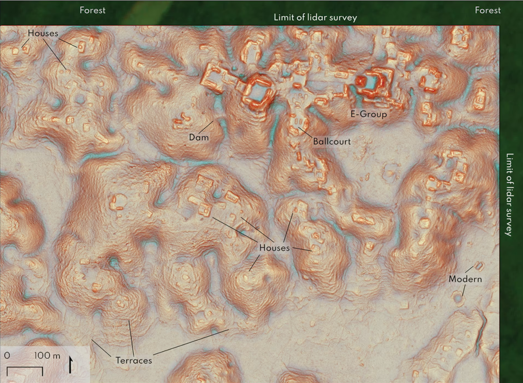 Lidar map of one of the sites discovered, indicating buildings such as houses and a ballcourt
