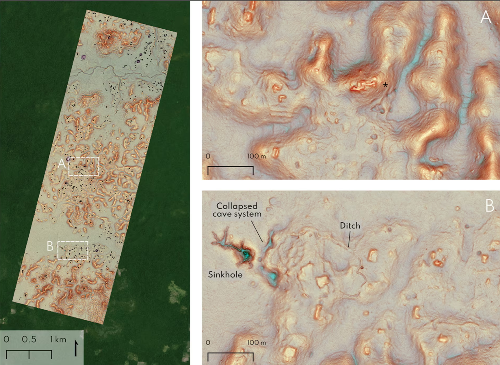Block 1 survey block, with building footprints in black and platform footprints in purple; top right) probable Río Bec-style complex marked by *; bottom right) sinkhole with associated quatrefoil ditch.