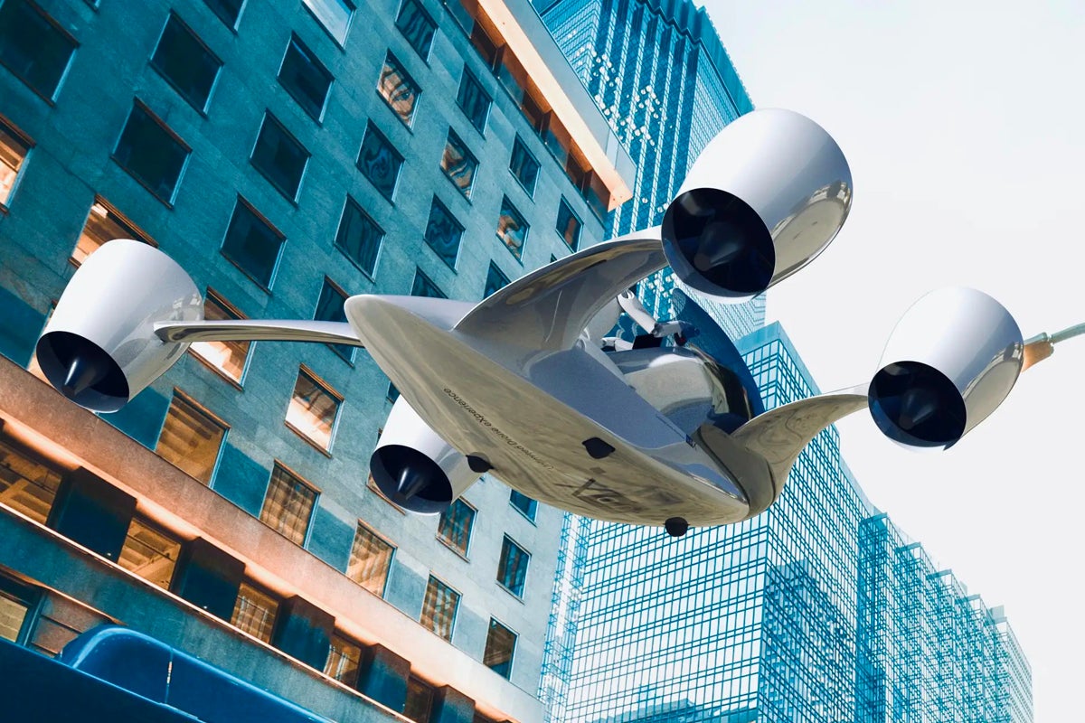 Airwolf eVTOL hoverbike in an urban area, bottom view. 