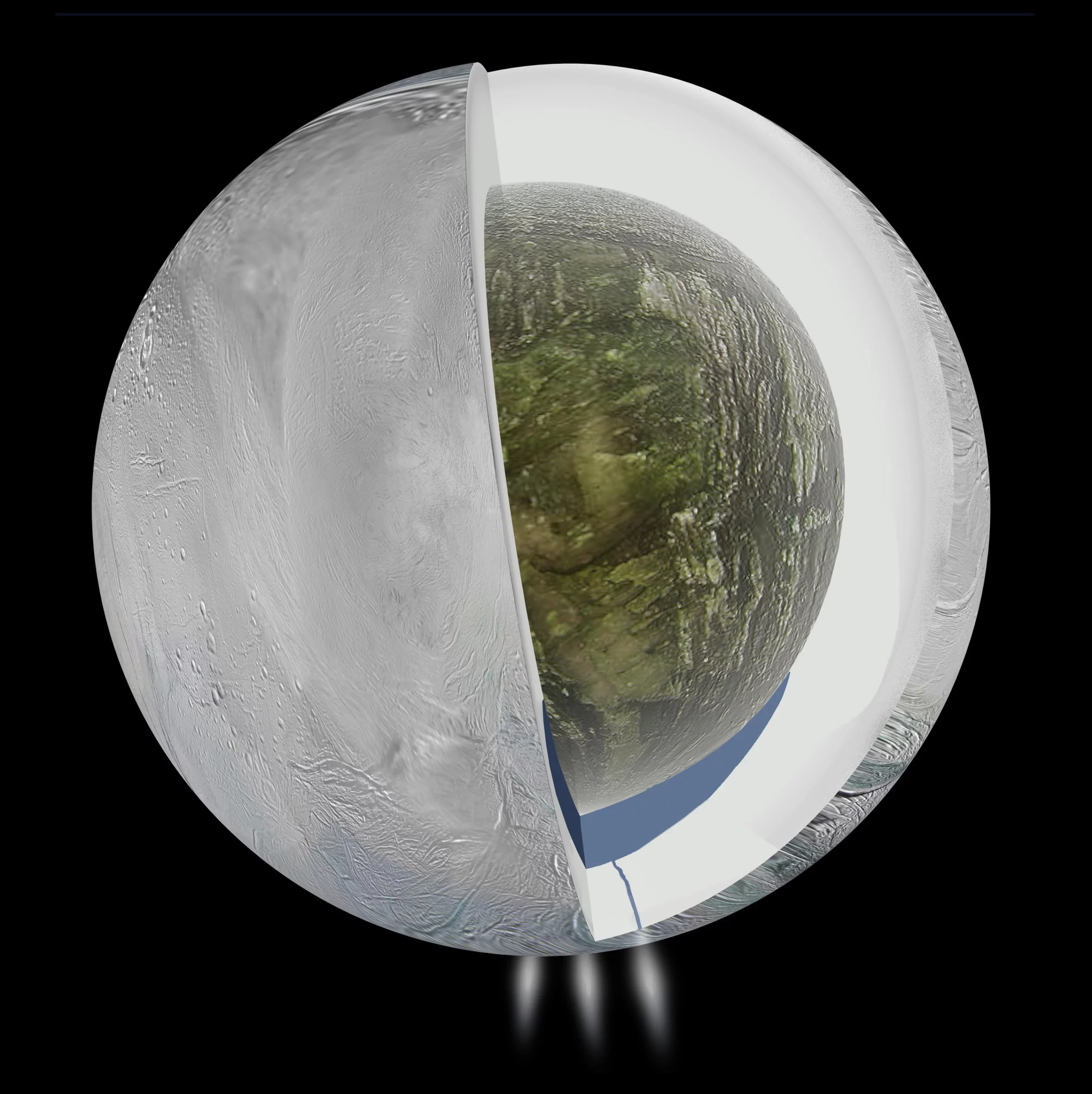 This illustration shows the possible interior of the Saturn moon Enceladus.