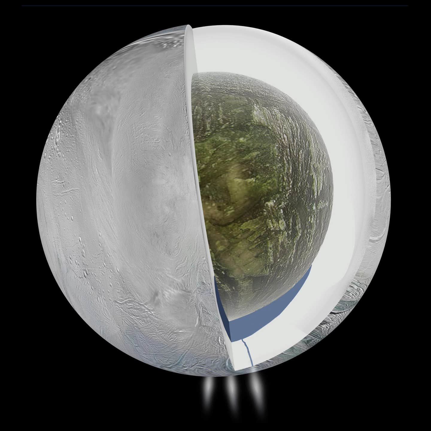 This illustration shows the possible interior of the Saturn moon Enceladus.