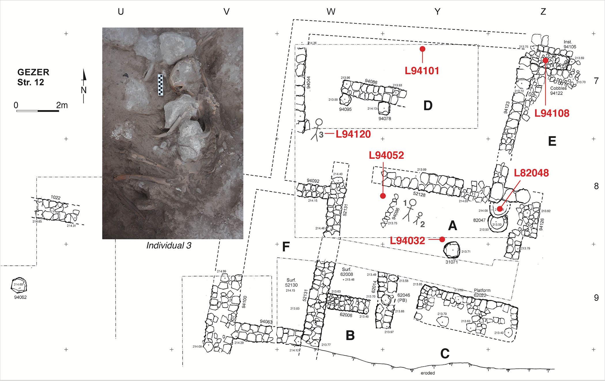 Plan of Tandy excavation stratum 12B elite residence with radiocarbon dated contexts marked.