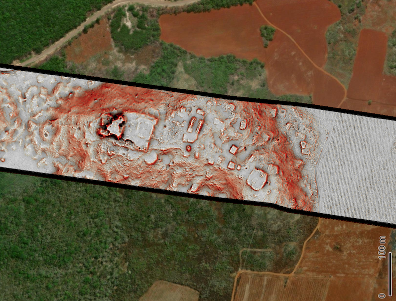 Ancient buildings clustered on a hilltop are revealed by a narrow transect of lidar survey data. Lidar technology uses laser pulses to measure distances and create 3D models of specific areas. 