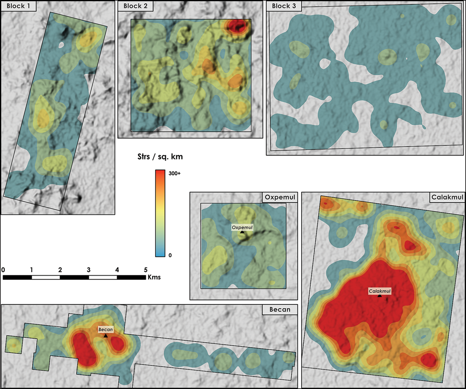 Comparison of settlement density between six areas in central Campeche