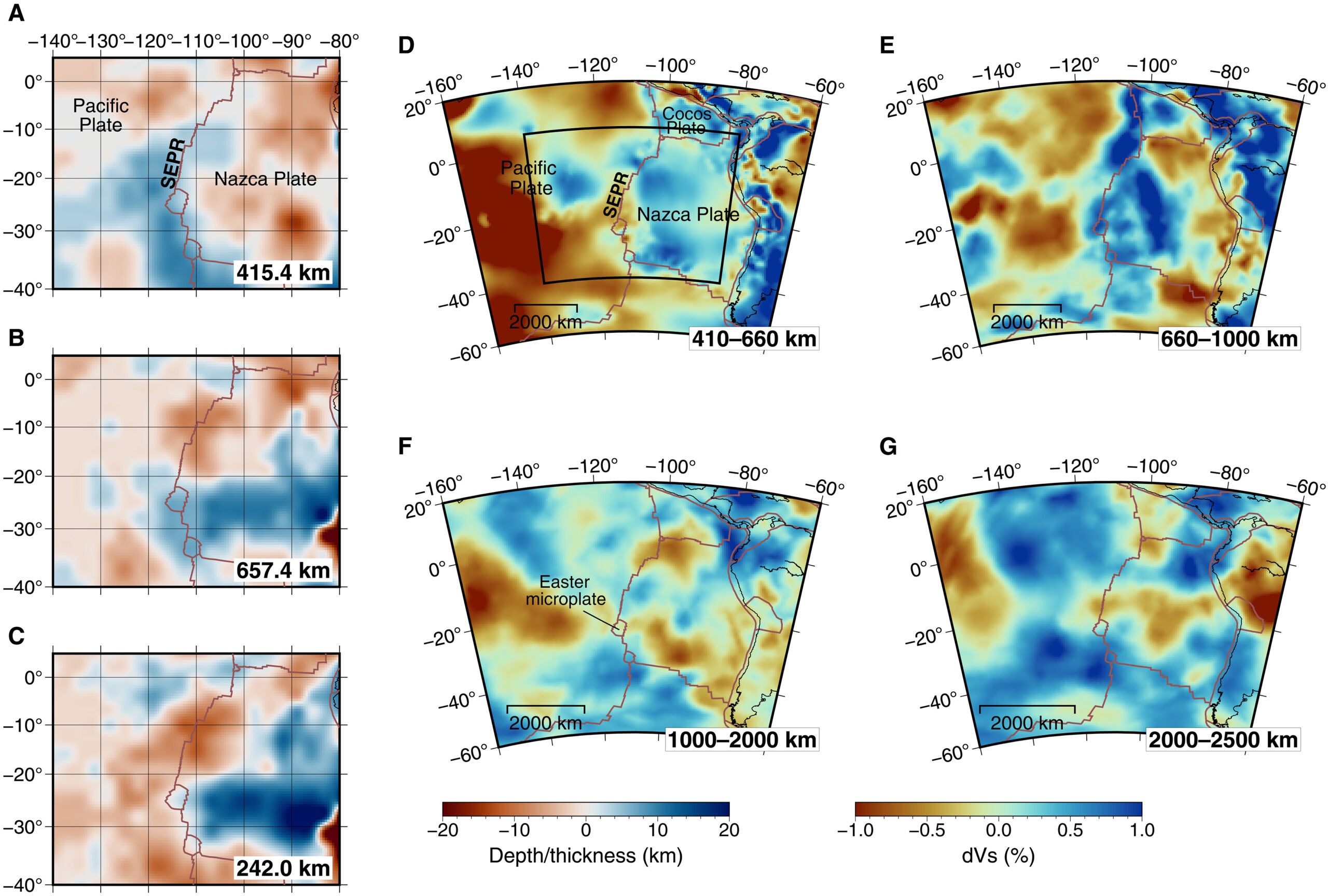 Map of MTZ discontinuities and tomographic depth slices.