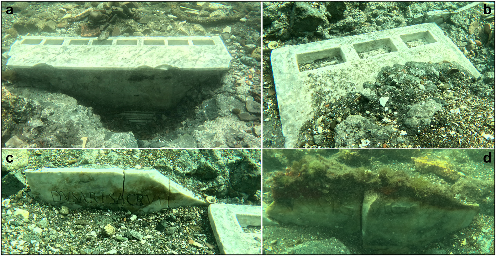 Nabataean temple: a) altar A1; b) altar A2; c) slab L1; d) slab L4. 