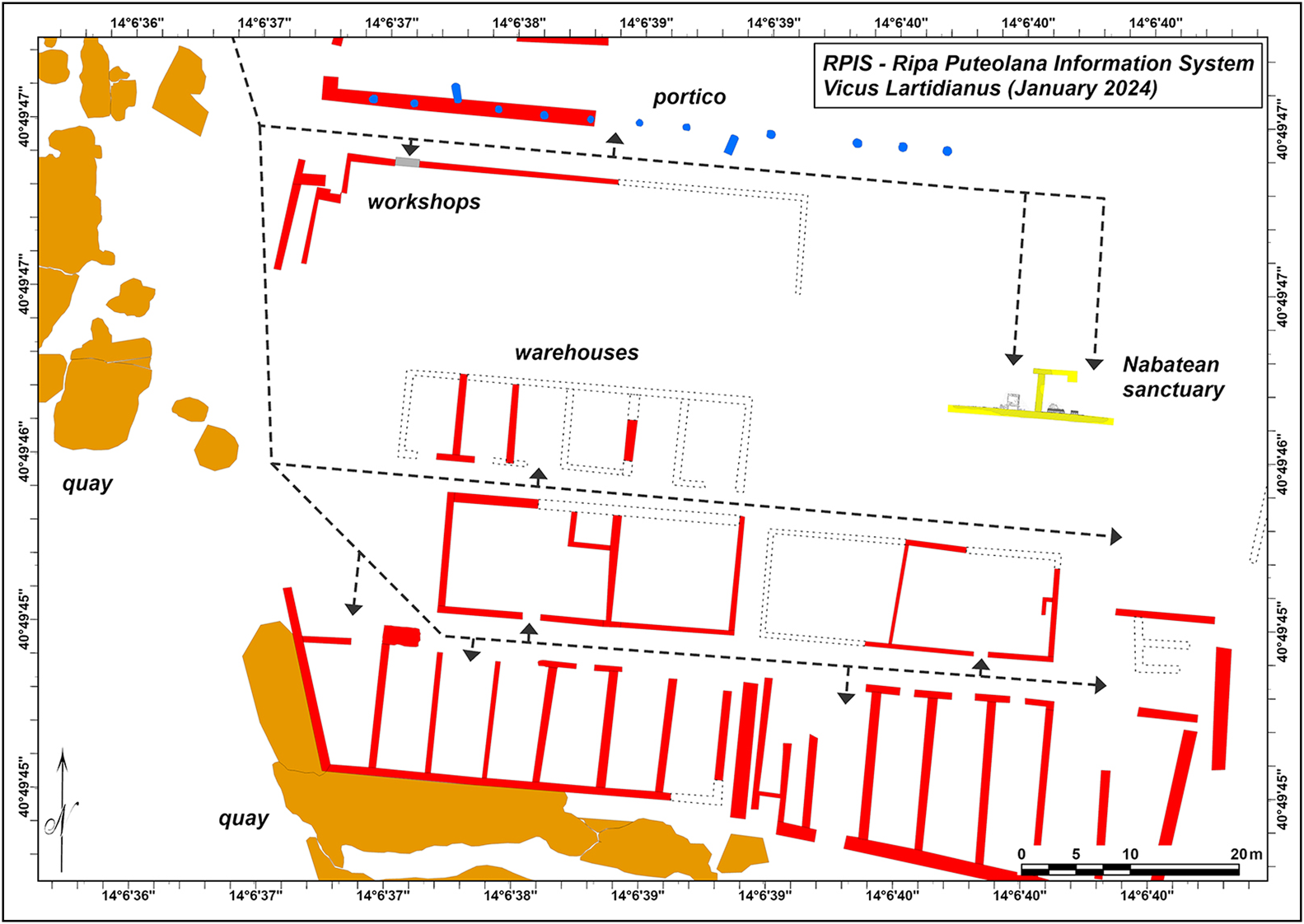 The Nabataean temple and the internal routes of the vicus Lartidianus (dotted lines) at the current stage of research