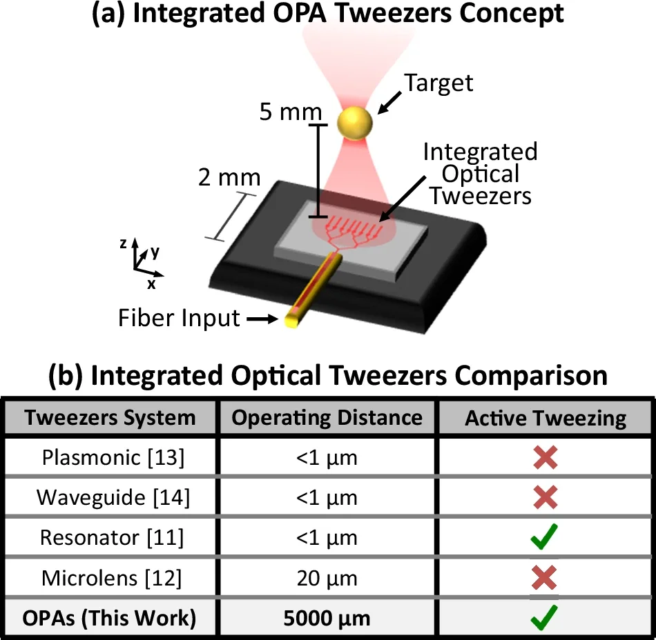 Conceptual diagram (not to scale) of the integrated OPA-based tweezers system showing a photonic chip emitting a focused beam and trapping a microsphere target.