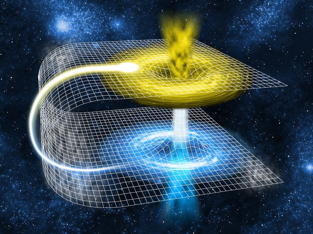 A model of 'folded' space-time illustrates how a wormhole bridge might form with at least two mouths that are connected to a single throat or tube.