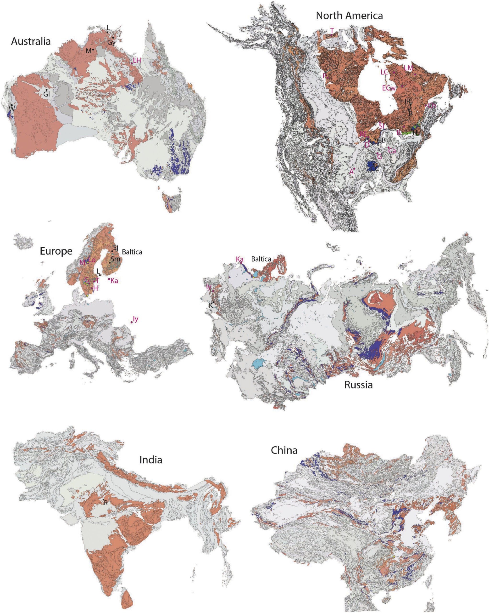 Areas of continental crust proximal to the equator during the Ordovician. Areas older than Ordovician are indicated in salmon colour, Ordovician rocks are dark blue, and younger are grey.