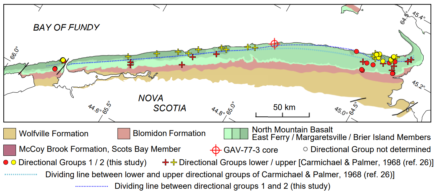 Map of south shore of Bay of Fundy showing sampling sites in the North Mountain Basalt of Nova Scotia (adapted from (4) with their sampling sites as circles and our sampling sites as crosses). Also shown is location of GAV-77-3 core site. 