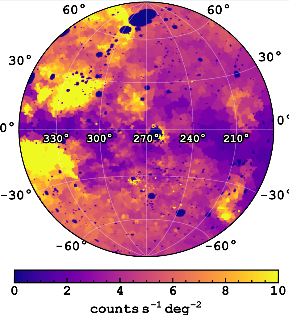 Contour-binned eRASS1 0.2–0.6 keV band surface brightness map in zenithal equal-area projection.