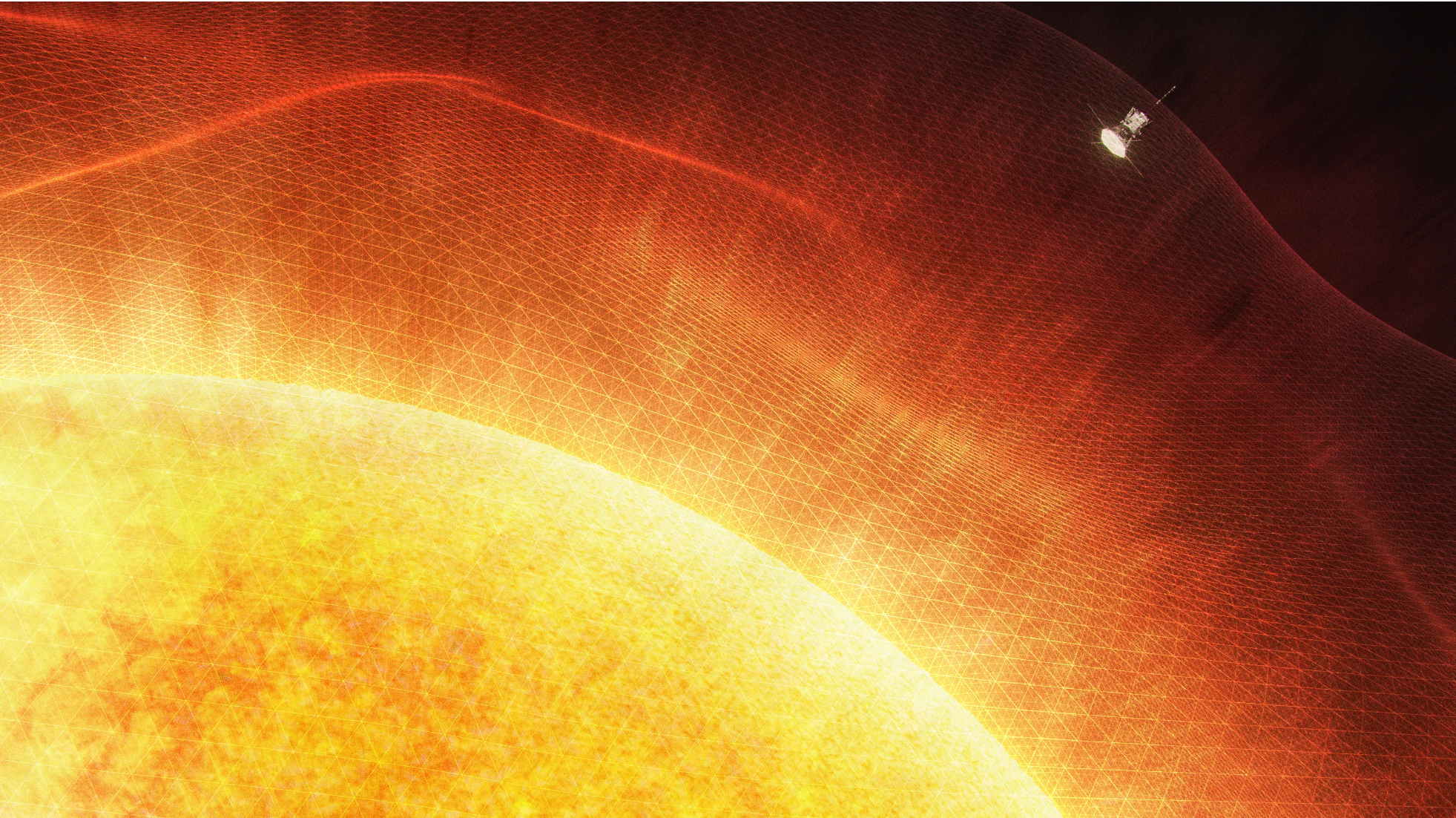 An artist’s concept shows Solar Orbiter near the Sun. NASA's Goddard Space Flight Center Conceptual Image Lab
A large portion of the Sun fills most of the image, with a peak of black space on the top right corner. Surrounding the Sun is waves of the solar atmosphere, appearing net-like. The Parker Solar Probe spacecraft is small and flying into the atmosphere. This conceptual image shows Parker Solar Probe about to enter the solar corona. 