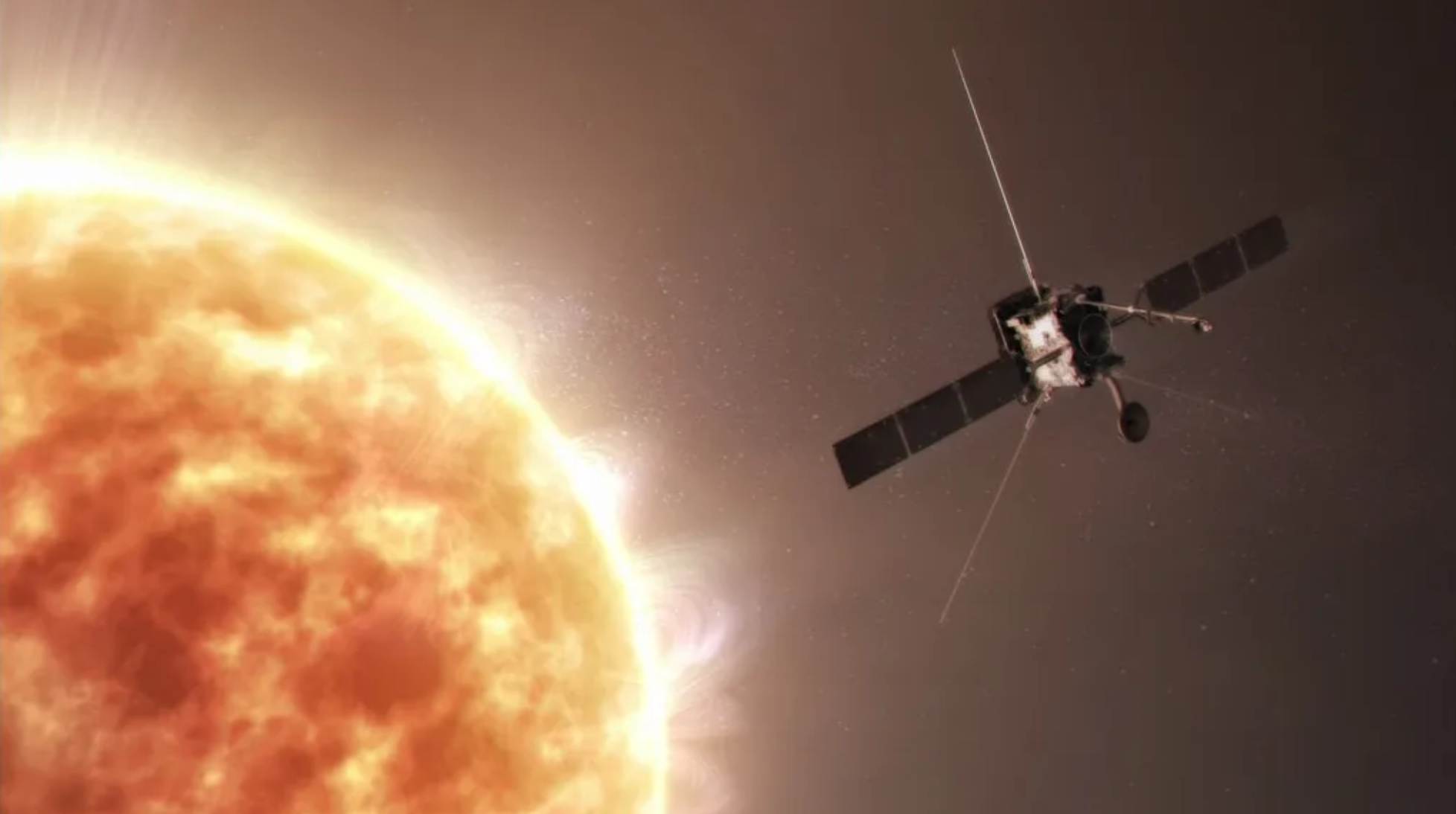 This conceptual image shows Parker Solar Probe about to enter the solar corona. NASA/Johns Hopkins APL/Ben Smith
A portion of the Sun fills most of the left side of the image. On the right against the backdrop of space is Solar Orbiter with two long, black solar panels protruding from each side of the silver, box-shaped spacecraft and thin radio antennas attached to the top, back, bottom left, and bottom right of the spacecraft. An artist’s concept shows Solar Orbiter near the Sun.