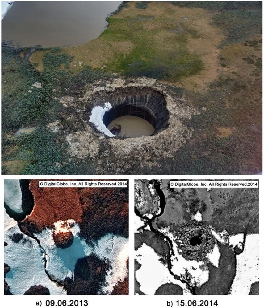 The Yamal crater [ru] — Top: 2015, bottom: heaving mound and the crater formed after the explosion