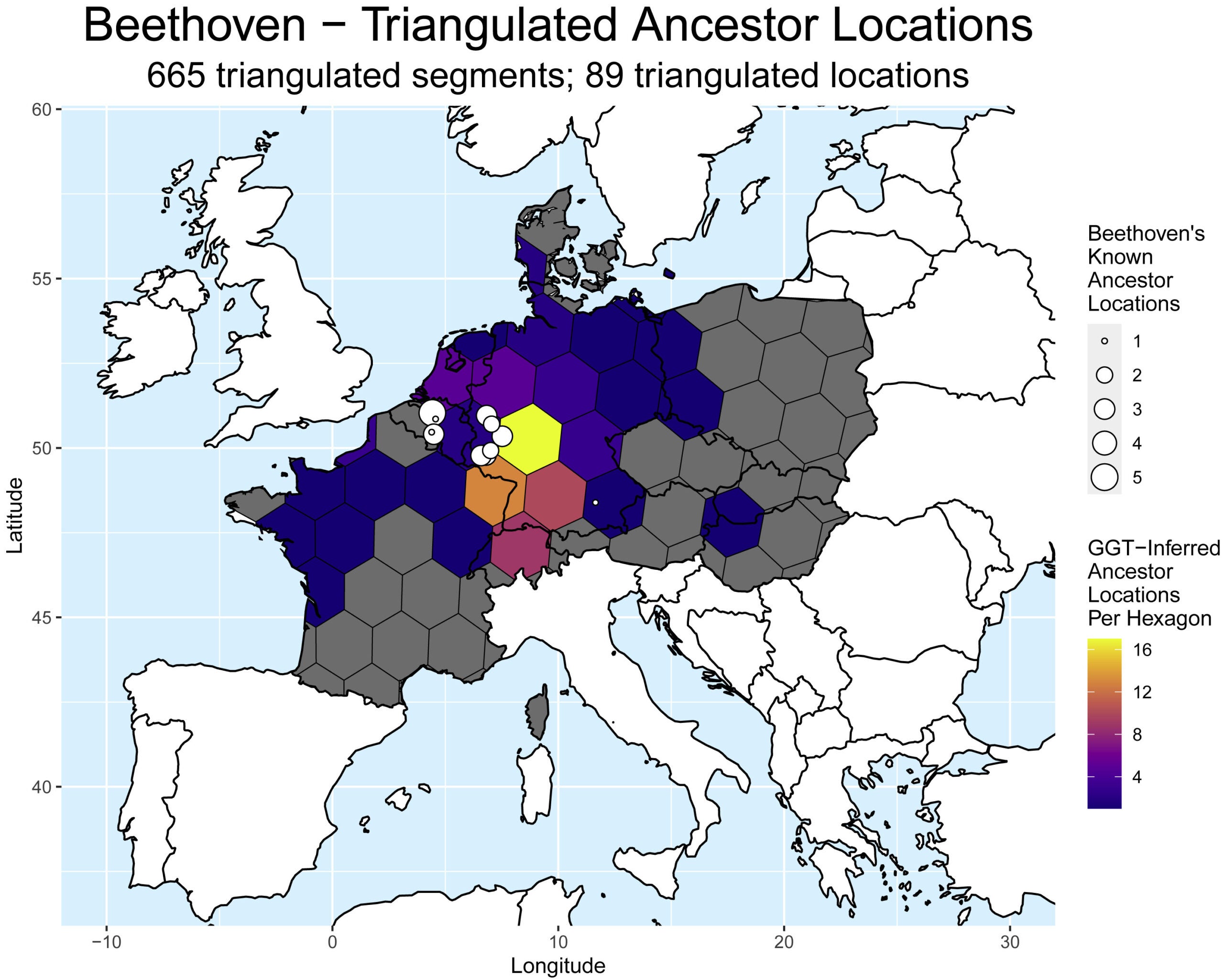 Geo-genetic triangulation, showing probable locations of Beethoven’s autosomal ancestors. Regional intensity per hexagon represents number of shared ancestors between Beethoven and modern FTDNA customers