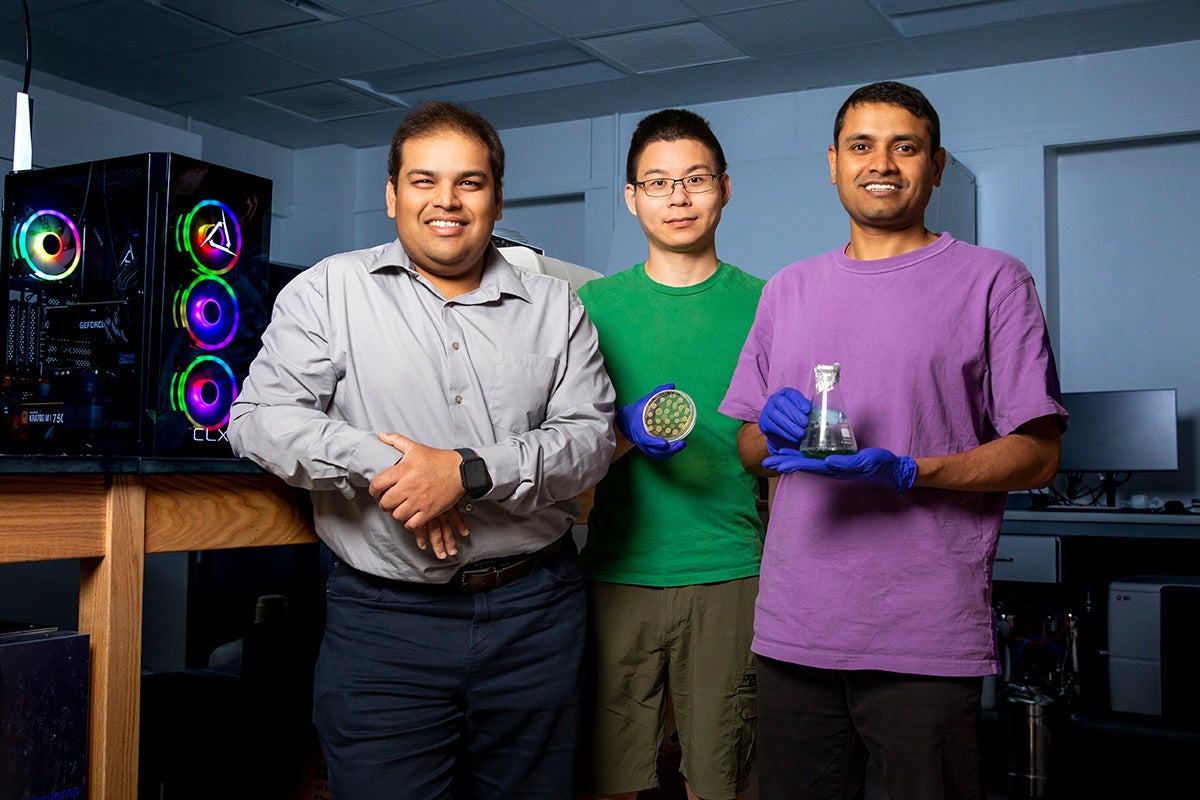 Assistant Professor in the Department of Chemistry Angad Mehta (left), Postdoctoral Student Yangle Gap (middle), and Postdoctoral Student Bidhan De (right).