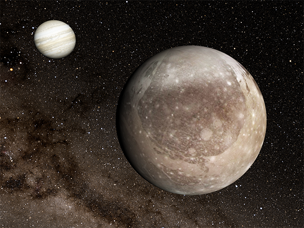An artist's depiction of Jupiter, at left, and its massive moon Ganymede in the foreground. 