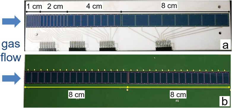The open miniCOMPACT detector arrays. Only one of two detector panels forming the narrow channel is shown, as used in the first (A) and second experimental run (B). The direction of the gas flow through the detector channel is indicated with arrows.