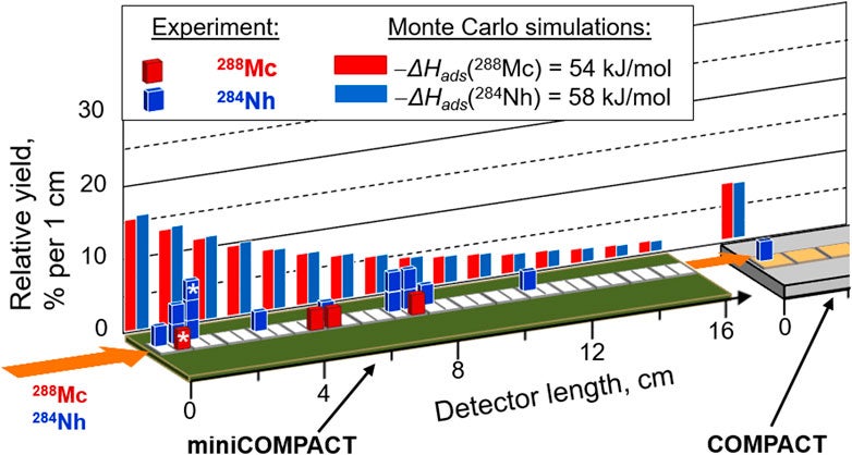 Event distribution in the detection setup. The positions of all observed decay chains in the detection setup assigned to 288Mc (red bars) and 284Nh (blue bars) are shown together with results of Monte Carlo simulations for the most probable values of the adsorption enthalpy on SiO2, −ΔHads (Mc) = 54 kJ/mol and −ΔHads (Nh) = 58 kJ/mol, for Mc and Nh, respectively.