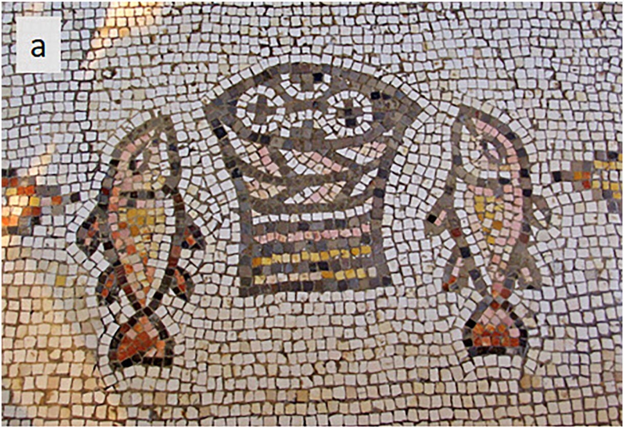 The 4th century mosaic of two fish and a basket with loaves of bread, located at the ’Church of Multiplication’ in Tabgha, on the shore of Lake Kinneret (location in Figure 1). This church is believed to be situated at the site where the Miracle of the Multiplication of the Fish and Loaves occurred.