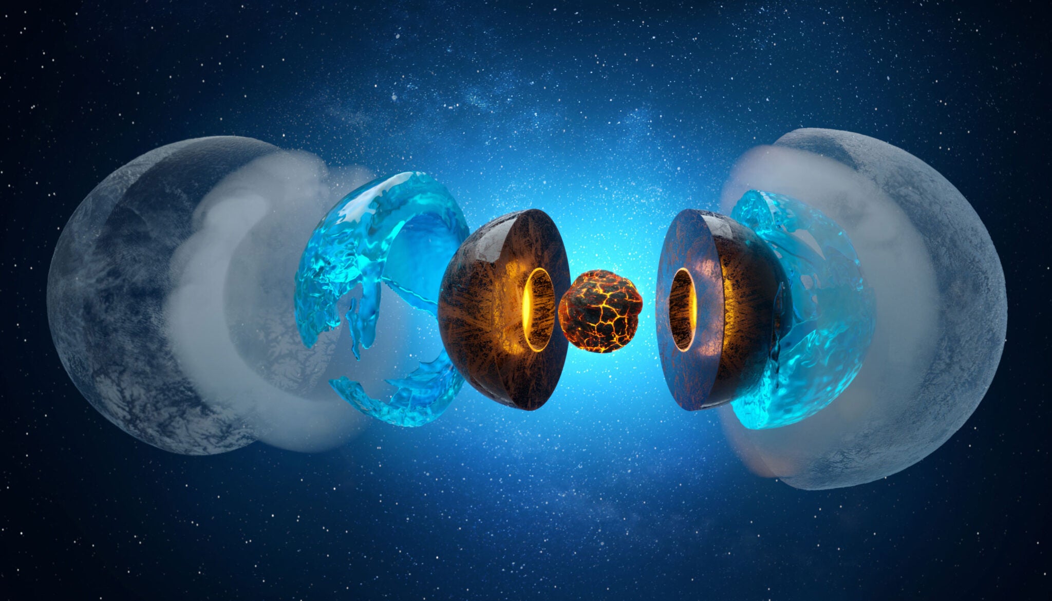 An exploded view of an ice giant planet such as Uranus or Neptune. A new theory proposes that below the dense atmosphere lies a water-rich layer (blue) that has separated from a deeper layer of hot, high-pressure carbon, nitrogen and hydrogen (amber). The pressure squeezes hydrogen out of methane and ammonia molecules, creating stratified hydrocarbon layers that cannot mix with the water layer, which prevents the convection that creates a dipolar magnetic field.