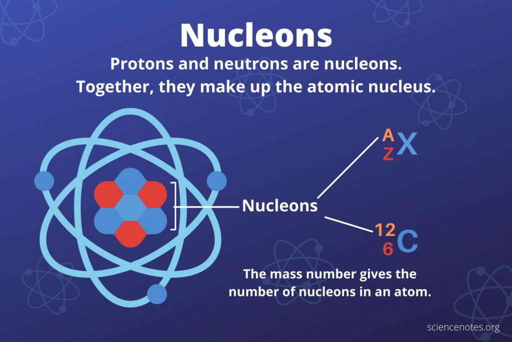 Nucleons are protons and neutrons. They make up the atomic nucleus.