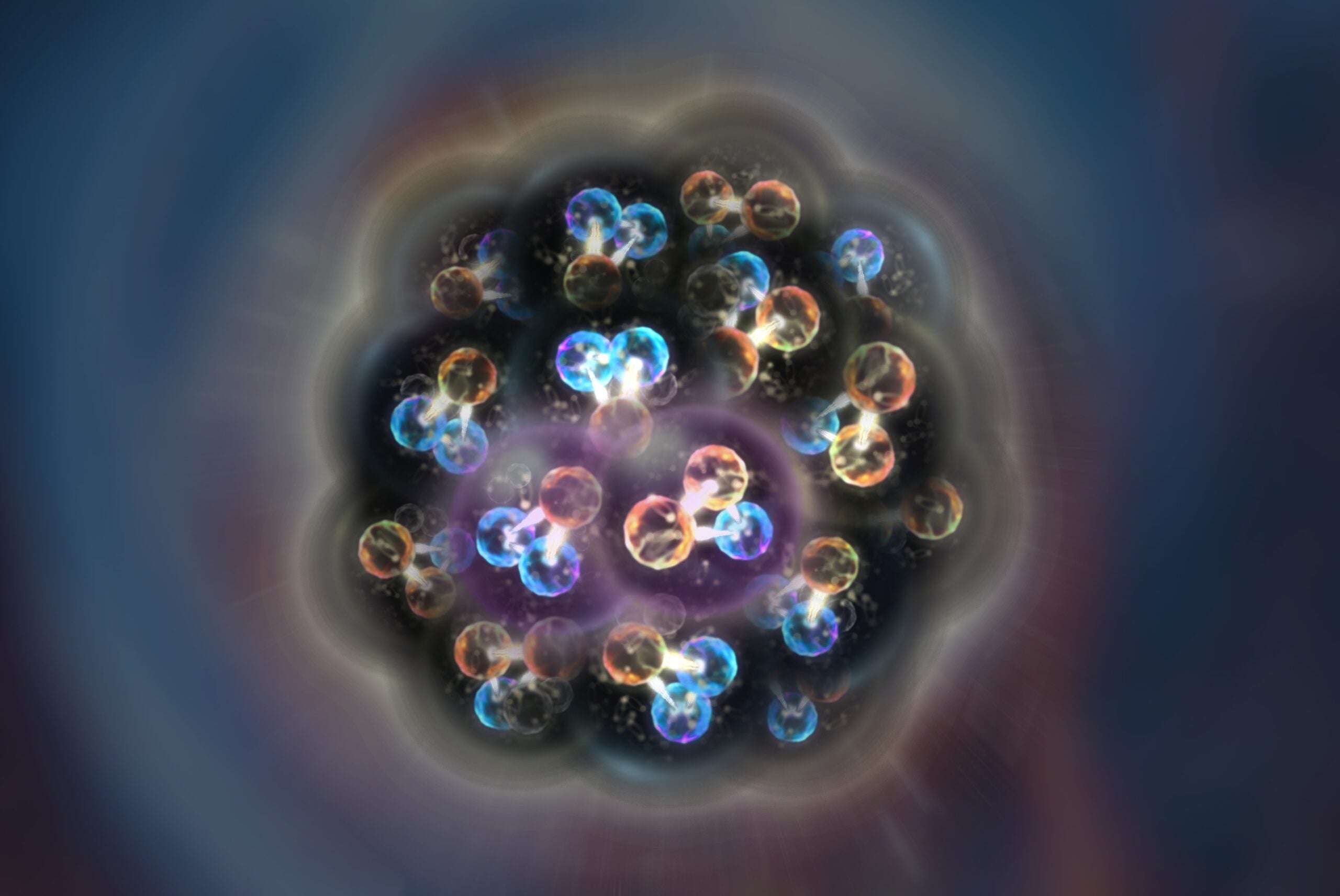 For the first time, quarks and gluons were used to describe properties of atomic nuclei, which until now had been explained by the existence of protons and neutrons. The temporary pair of correlated nucleons is highlighted in purple. 