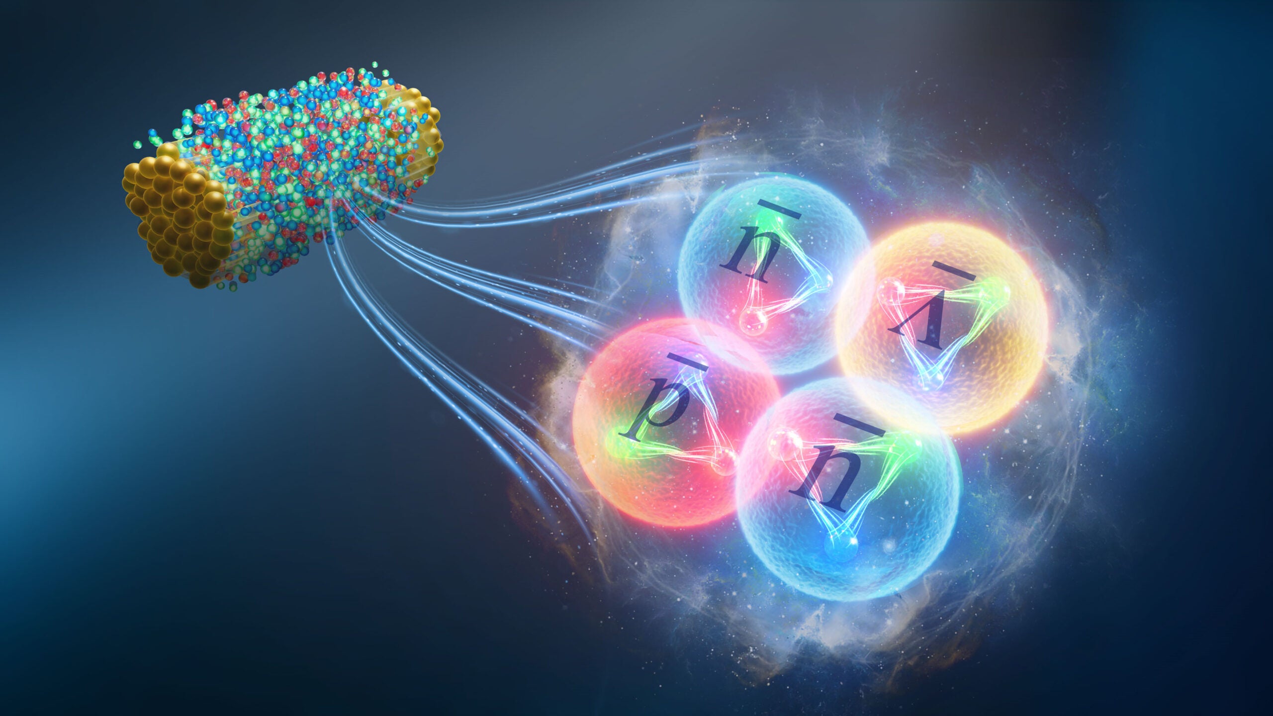 An artistic representation of antihyperhydrogen-4 — an antimatter hypernucleus made of an antiproton, two antineutrons, and an antilambda particle — created in a collision of two gold nuclei (left).