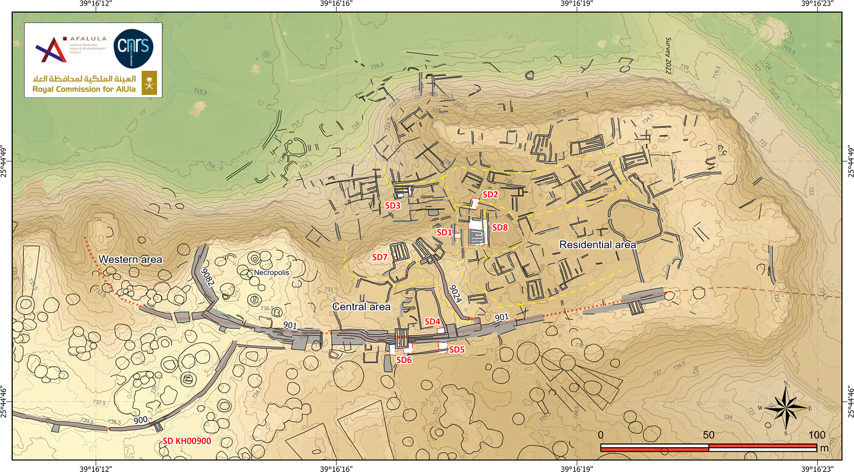 Map of the al-Natah site, with plan of the architectural features identified on the surface (black lines), reconstructions (grey lines) and layout of the rampart (dashed red line).