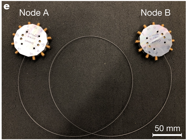 Quantum network comprising two superconducting quantum nodes connected by a one-metre-long superconducting coaxial cable, where each node includes three interconnected qubits. Quantum network comprising two superconducting quantum nodes connected by a one-metre-long superconducting coaxial cable, where each node includes three interconnected qubits.