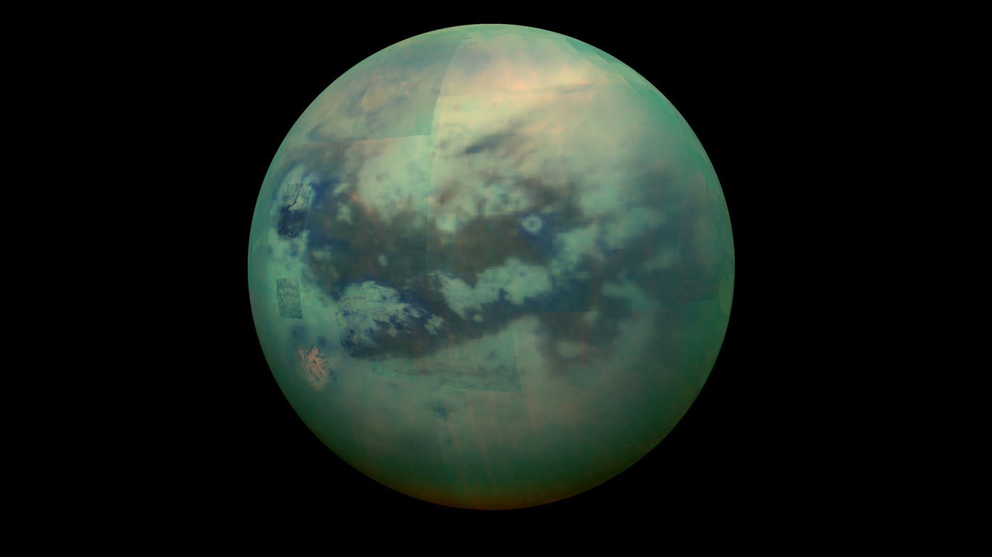 A composite image of Saturn's moon Titan taken by the Cassini spacecraft.