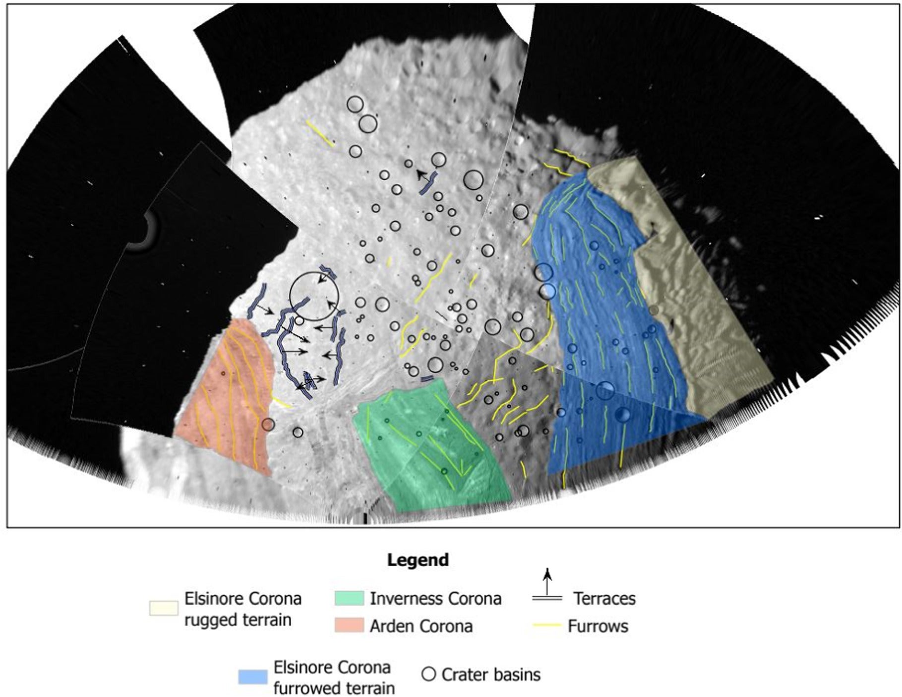 South polar map of Miranda, showing the linear features, craters, and terrain making up Elsinore Corona, Inverness Corona, and Arden Corona. Features outside of Elsinore Corona and Arden Corona are also mapped for context.