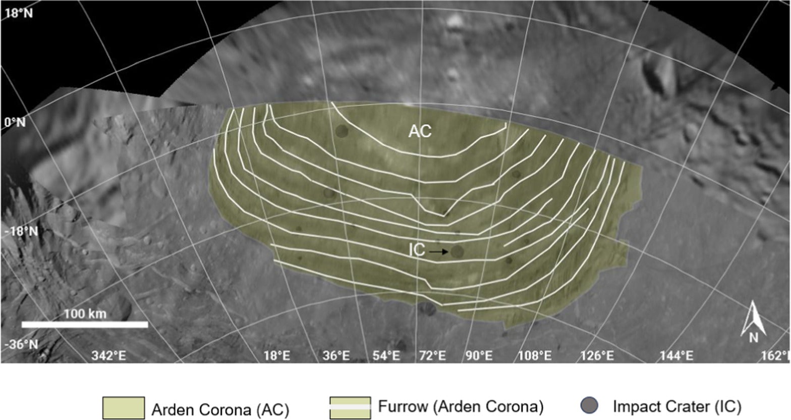 A map of Arden Corona. Arden Corona has an oblong shape. It appears to consist of concentric grooves that become squarer with increasing distance from the center. Arden Corona is depicted in green.