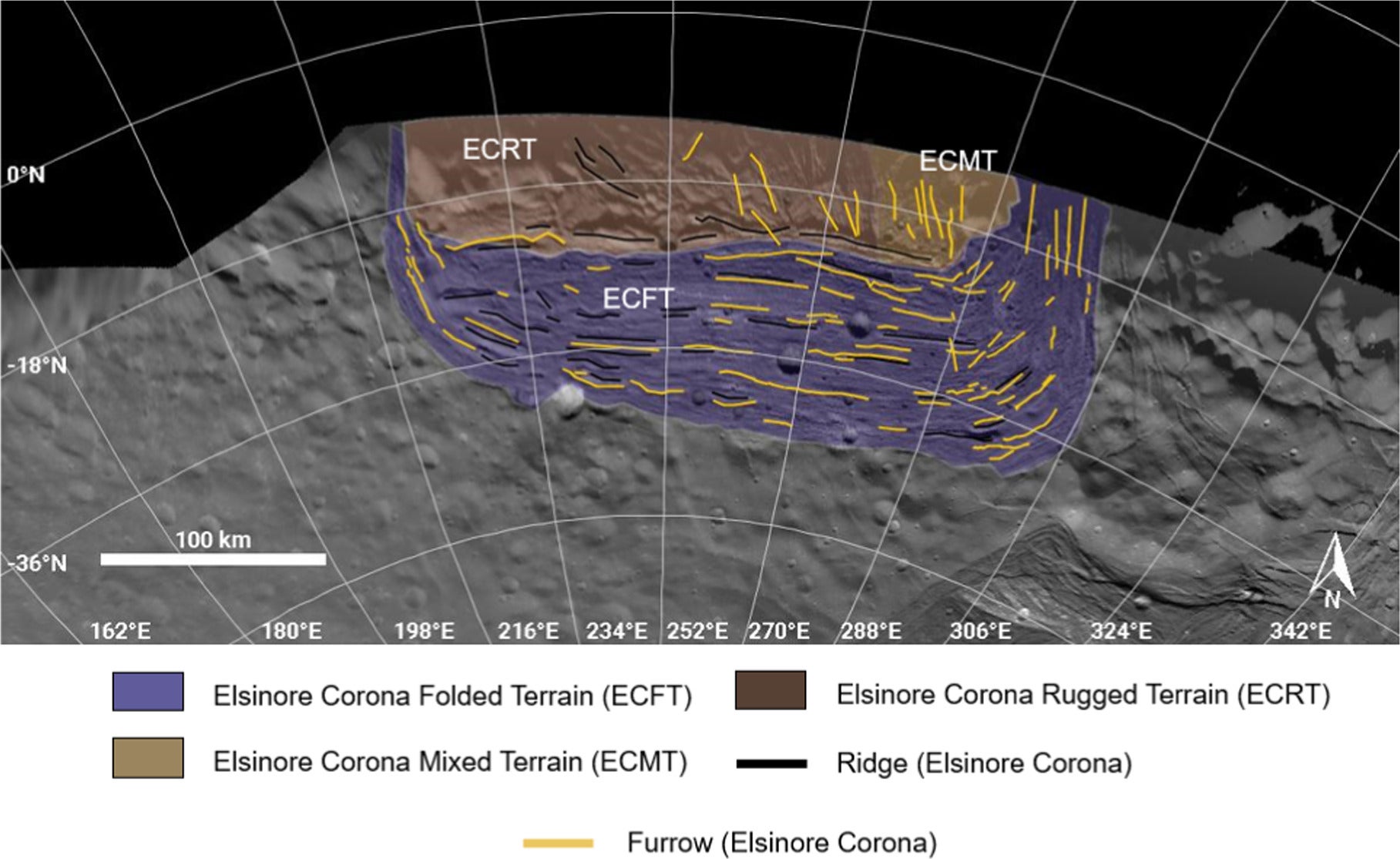 A geologic structure and terrain map of Elsinore Corona. Yellow lines indicate furrows, while black lines indicate ridges. Elsinore Corona appears to consist of three different terrain types: a flow-like, folded terrain to the south (ECFT); a more rugged ridged terrain to the north (ECRT); and a mixture of the two terrains to the northeast (ECMT).