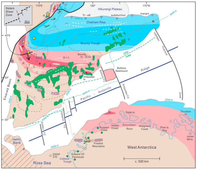 Geological mapping revealing the connections between Zealandia and Antarctica. Permian samples (blue), Median Batholith (pinks).