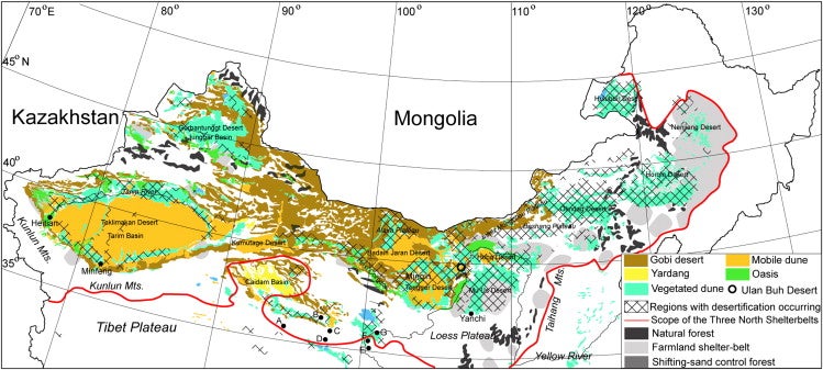 Map of the Three Norths Forest Shelterbelt program, dune systems, and areas in which desertification has occurred from the 1950s to the early 2000s in arid and semiarid China.